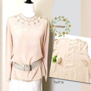 Beige Blouse Polyester Pearl Floral Embroidered Button Back L-Sleeve Round Neck